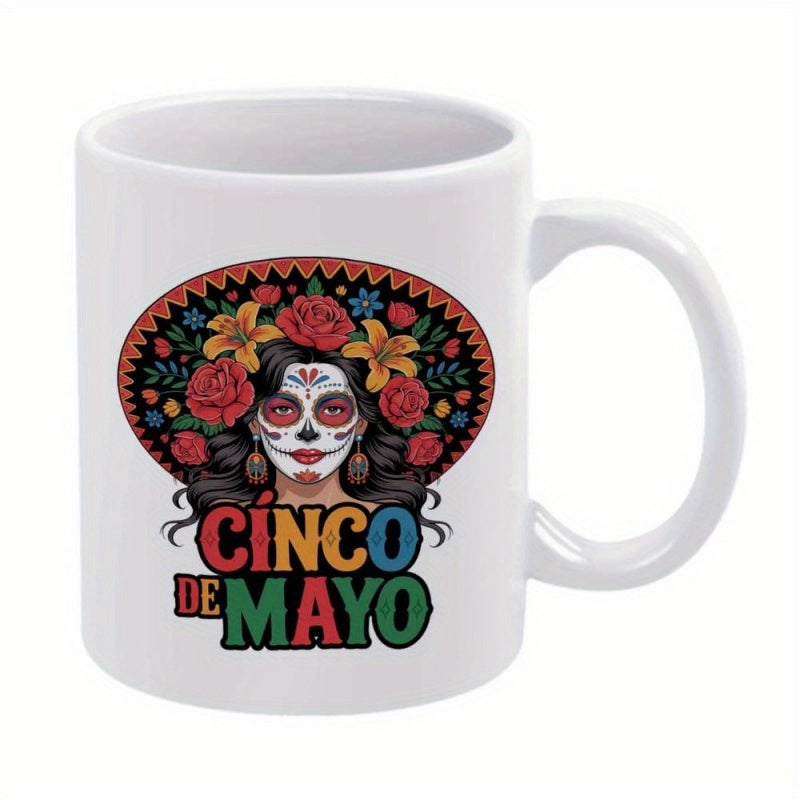 Tailorly White Ceramic 11 oz Mug - Cinco De Mayo Traditional Floral Sombrero With Sugar Skull Face Paint And Vibrant Roses Woman
