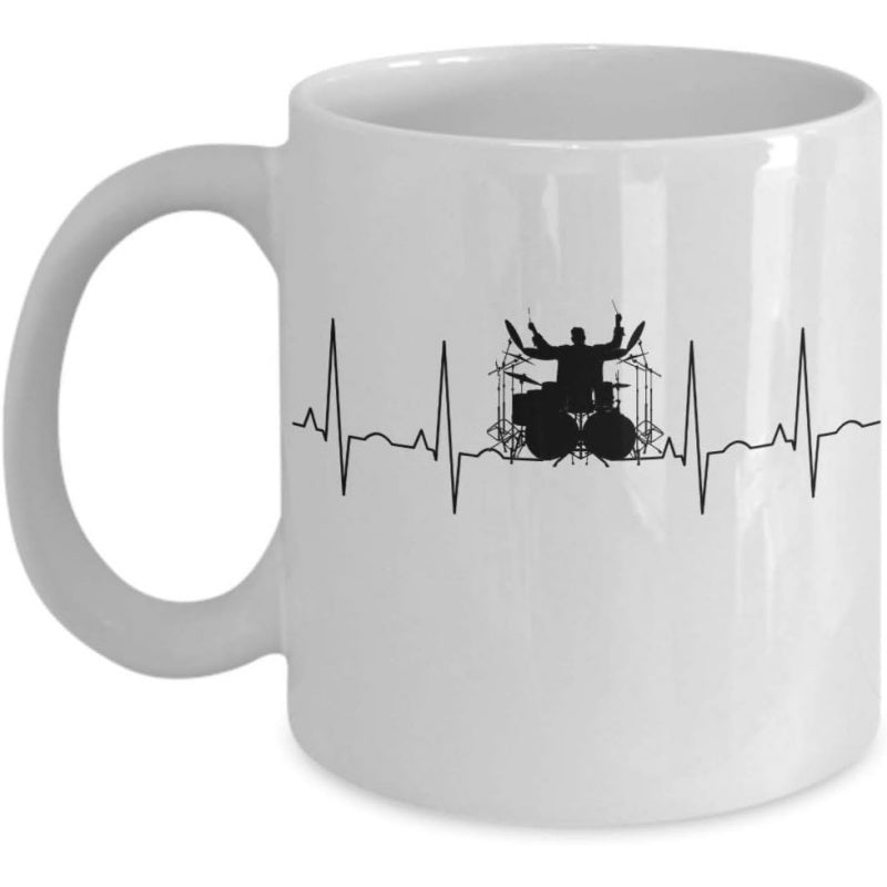 Tailorly White Ceramic 11 oz Mug - Life Pulse Line With Silhouette Musician Playing Energetic Rhythm Percussion Drummer