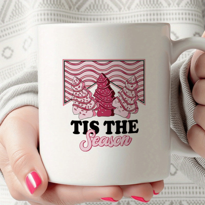 Tailorly White Ceramic 11 oz Mug - Tis The Season Three Decorative Pink Christmas Trees Standing Before Wavy Patterned Retro Background Tree