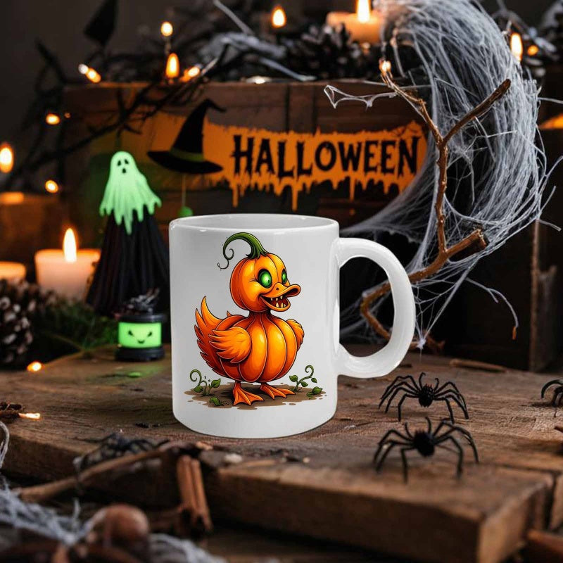 Tailorly White Ceramic 11 oz Mug - Vibrant Orange Pumpkin Themed Bird With Spooky Glowing Green Eyes Duck
