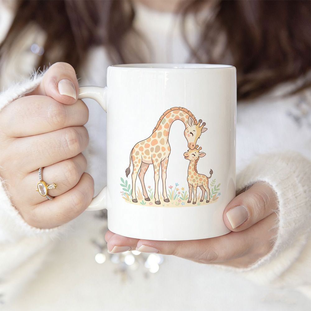 Tailorly White Ceramic 11 oz Mug - Tender Mother Giraffe Nurturing Her Young Calf Standing Among Lush Green Grass Giraffe