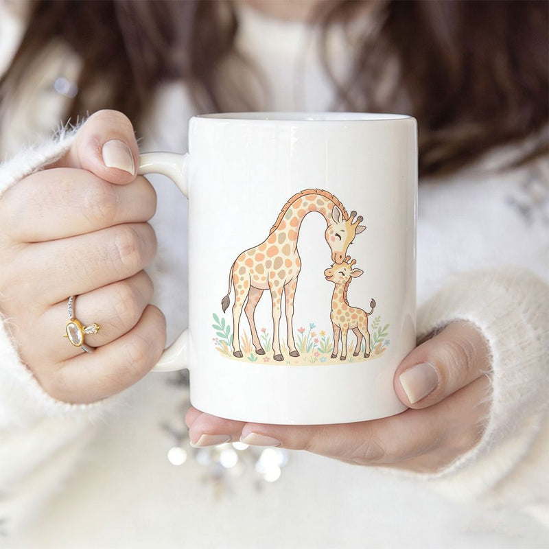 Tailorly White Ceramic 11 oz Mug - Tender Mother Giraffe Nurturing Her Young Calf Standing Among Lush Green Grass Giraffe