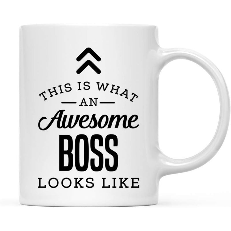 Tailorly White Ceramic 11 oz Mug - This Is What An Awesome Boss Looks Like Minimalist Double Chevron Symbols Above Stacked Bold Decorative Creative Typography Mug