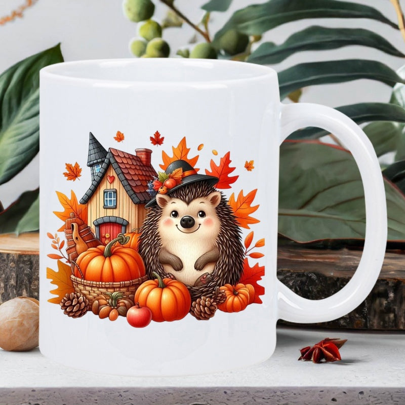 Tailorly White Ceramic 11 oz Mug - Charming Autumn Scene With Little House And Vibrant Orange Pumpkins Hedgehog