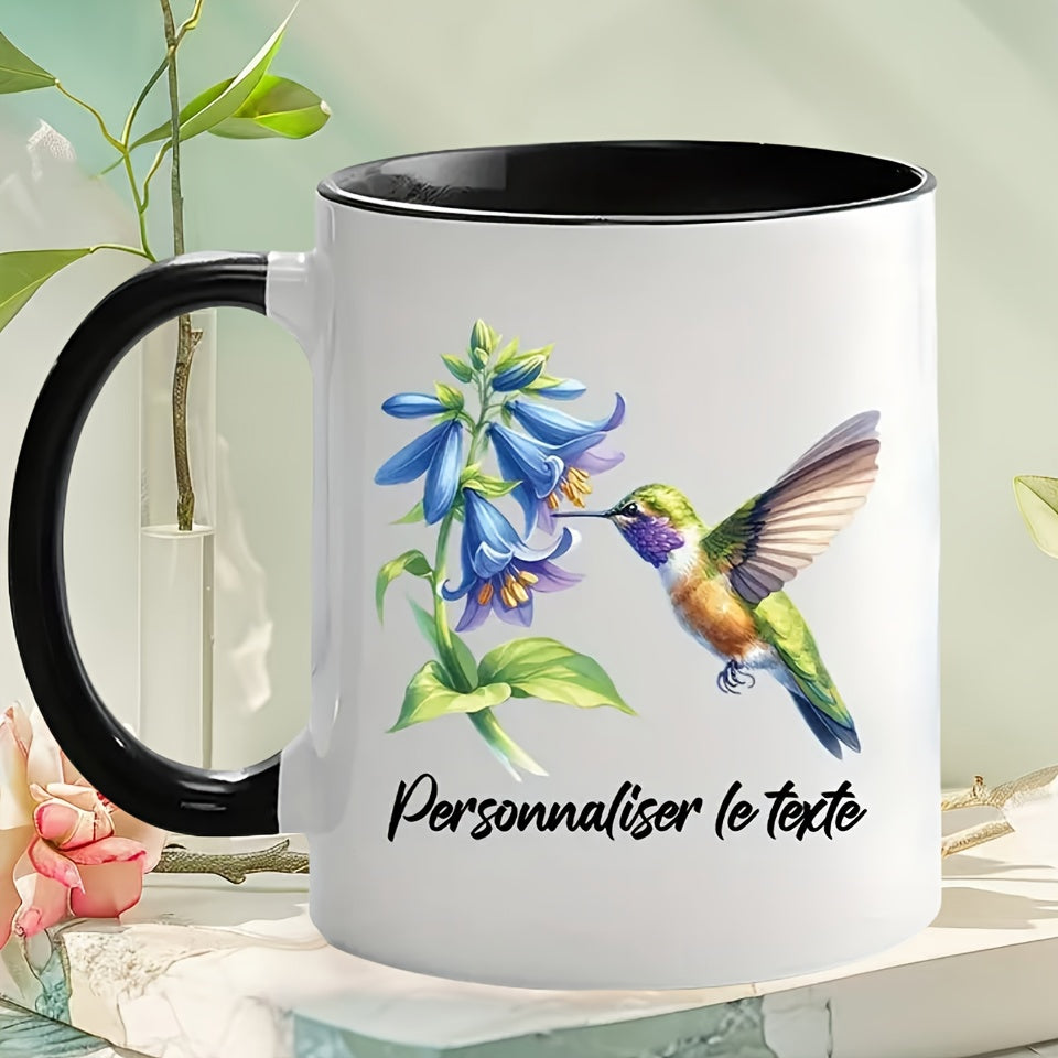 Tailorly Black Accent 11 oz Mug - blue floral and hummingbird pattern