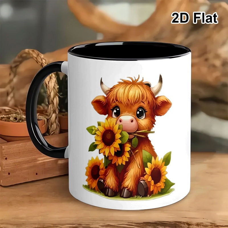 Tailorly Black Accent 11 oz Mug - highland cow and sunflowers