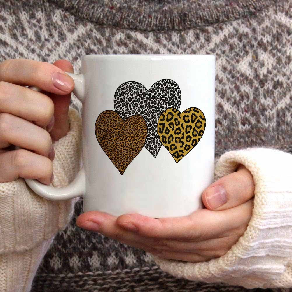 Tailorly White Ceramic 11 oz Mug - Three Overlapping Textures Of Stylish Wild Animal Leopard Skin Print Heart