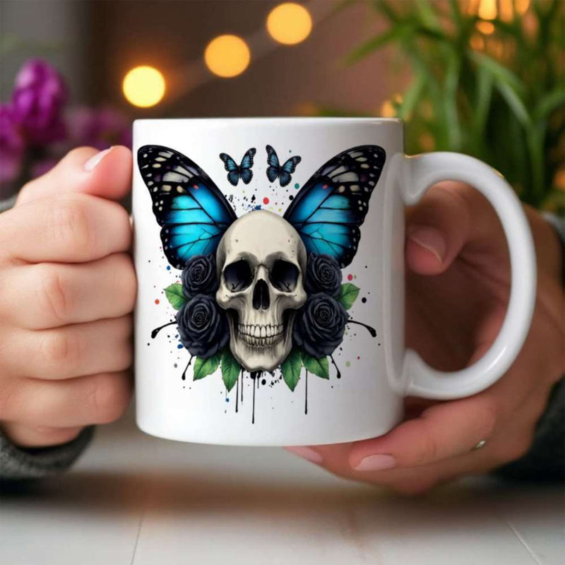 Tailorly White Ceramic 11 oz Mug - Intricate Blue Butterfly Wings Emerging From Human Skull With Dark Roses Skull