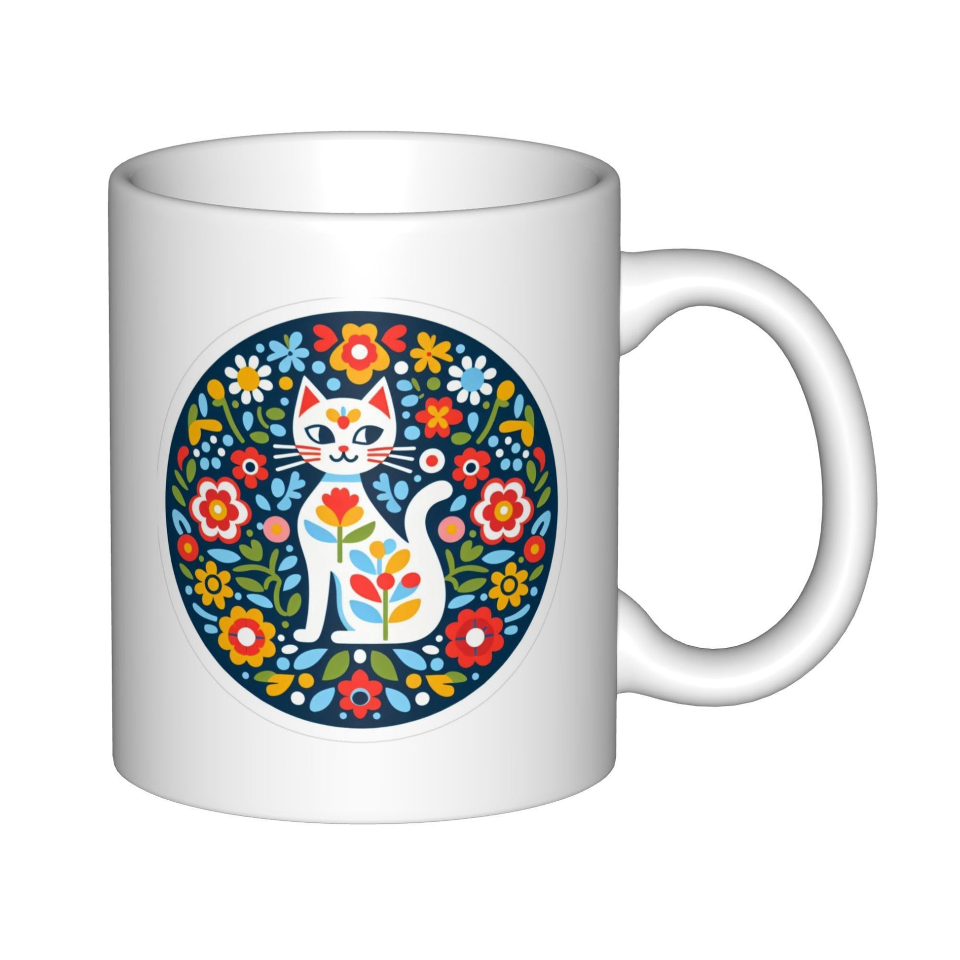 Tailorly White Ceramic 11 oz Mug - Vibrant Folk Art Style Circular Pattern With Colorful Flowers Surrounding A Sitting Cat