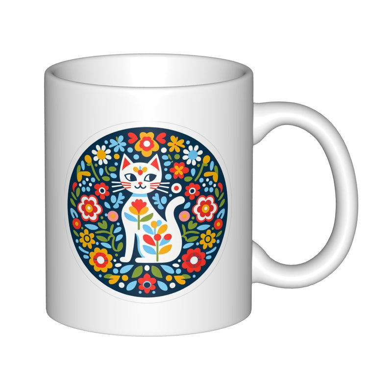 Tailorly White Ceramic 11 oz Mug - Vibrant Folk Art Style Circular Pattern With Colorful Flowers Surrounding A Sitting Cat