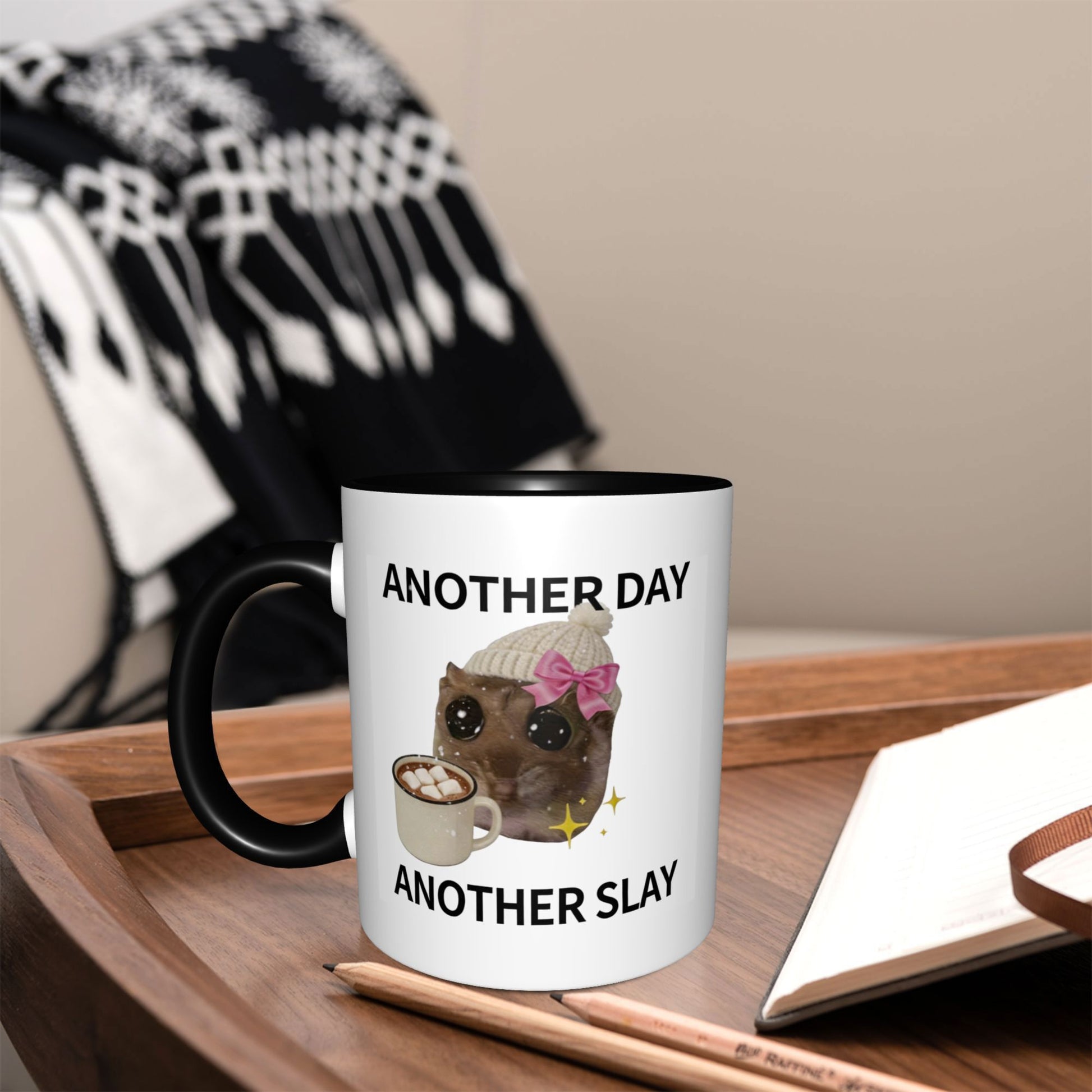 Tailorly Black Accent 11 oz Mug - Cute Hamster Another Slay Winter Hot Chocolate Animal Print