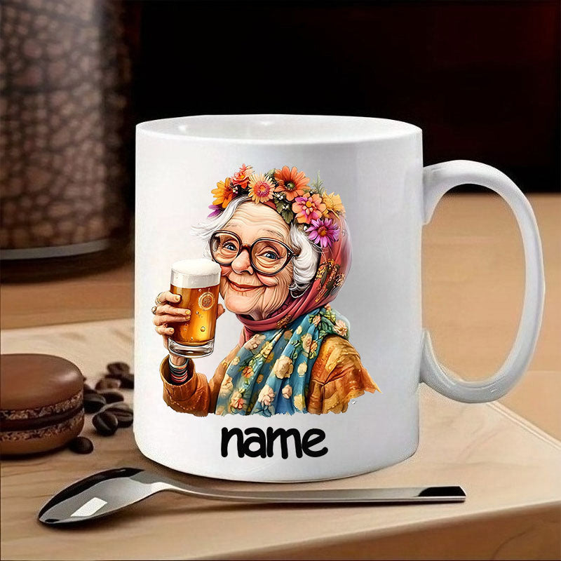Tailorly White Ceramic 11 oz Mug - Name Happy Elderly Woman Wearing Floral Wreath Holding Foamy Beer Glass Grandma