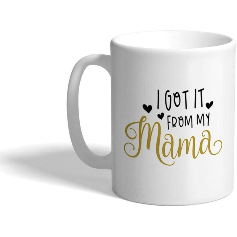Tailorly White Ceramic 11 oz Mug - I Got It From My Mama Elegant Gold Cursive Writing With Small Black Hearts Script