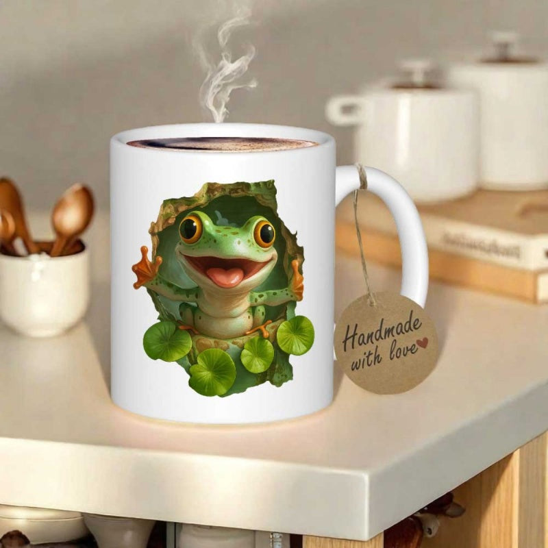 Tailorly White Ceramic 11 oz Mug - Handmade With Love Smiling Green Animated Character Peeking From A Stone Mossy Hole Frog