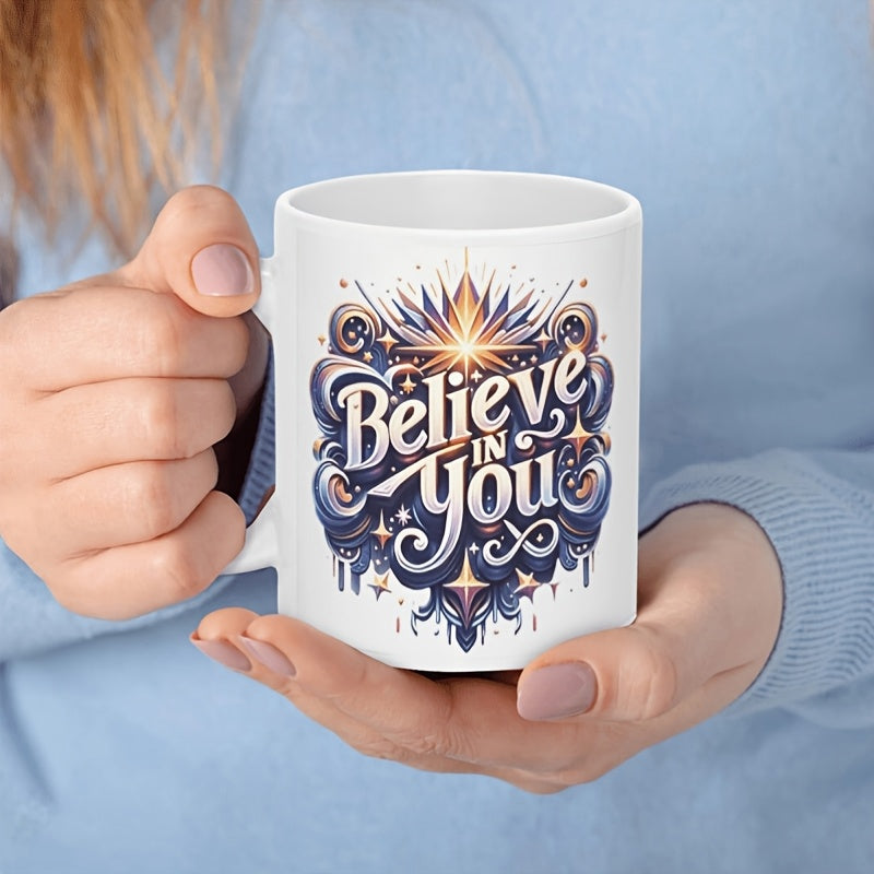 Tailorly White Ceramic 11 oz Mug - Believe In You Intricate Celestial Swirls And Twinkling Stars Among Elegant Clouds Design