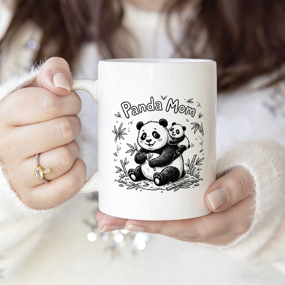 Tailorly White Ceramic 11 oz Mug - Panda Mom Cute Hand Drawn Black And White Mother And Baby Among Bamboo Leaves Panda
