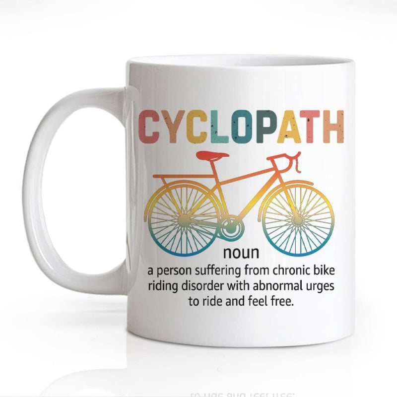 Tailorly White Ceramic 11 oz Mug - Cyclopath Noun Definition Vintage Style Silhouette With Colorful Retro Gradient Effect Bicycle