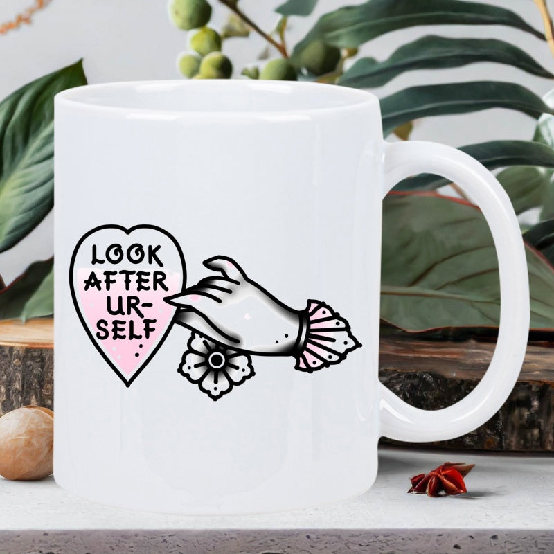 Tailorly White Ceramic 11 oz Mug - Look After Ur Self Vintage Traditional Tattoo Illustration Reaching Toward Heart Hand