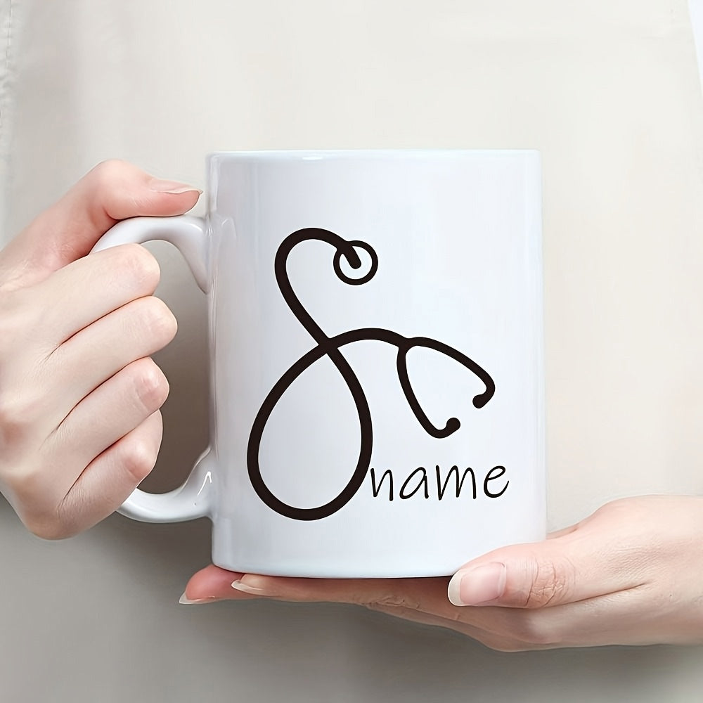 Tailorly White Ceramic 11 oz Mug - Name Minimalist Black Line Art Formed Into A Graceful Heart Shape Stethoscope
