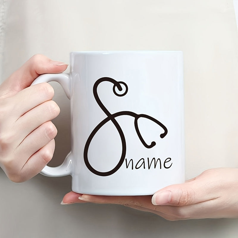 Tailorly White Ceramic 11 oz Mug - Name Minimalist Black Line Art Formed Into A Graceful Heart Shape Stethoscope