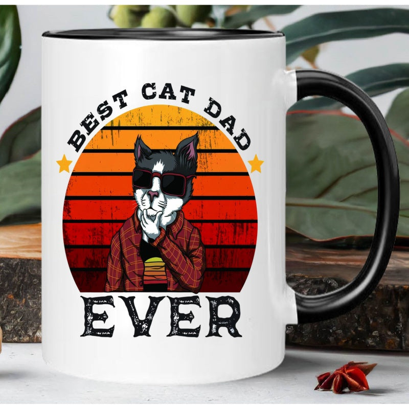 Tailorly Black Accent 11 oz Mug - best cat dad ever text and cat wearing fashion glasses