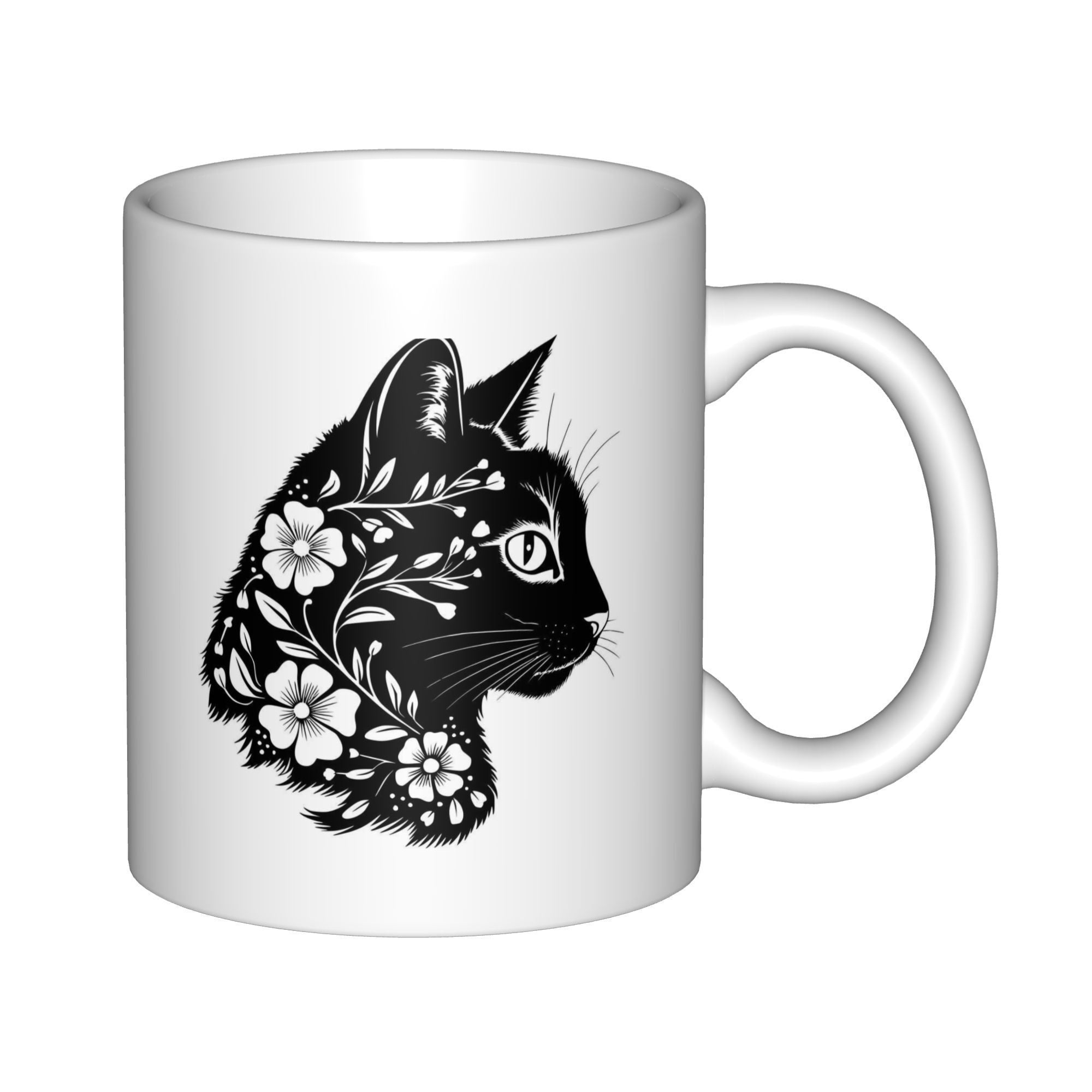 Tailorly White Ceramic 11 oz Mug - Elegant Black Profile With Intricate Floral Vines And Delicate Blooming Flowers Cat