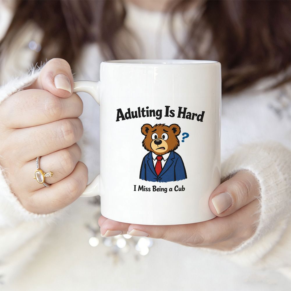 Tailorly White Ceramic 11 oz Mug - Adulting Is Hard I Miss Being A Cub Confused Cartoon Grizzly Wearing Business Suit Red Tie Bear