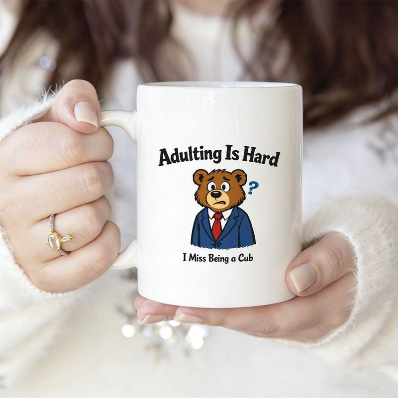 Tailorly White Ceramic 11 oz Mug - Adulting Is Hard I Miss Being A Cub Confused Cartoon Grizzly Wearing Business Suit Red Tie Bear