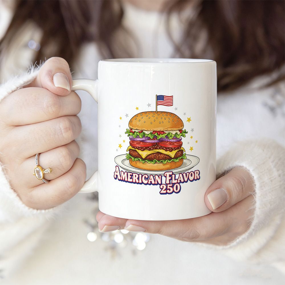 Tailorly White Ceramic 11 oz Mug - American Flavor 250 Delicious Multi Layered Cheeseburger Topped With Small American Flag Plate Hamburger