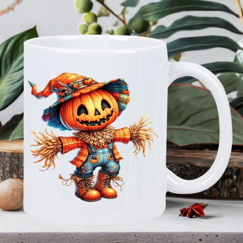 Tailorly White Ceramic 11 oz Mug - Adorable Pumpkin Headed Character Wearing A Witch Hat And Overalls Scarecrow