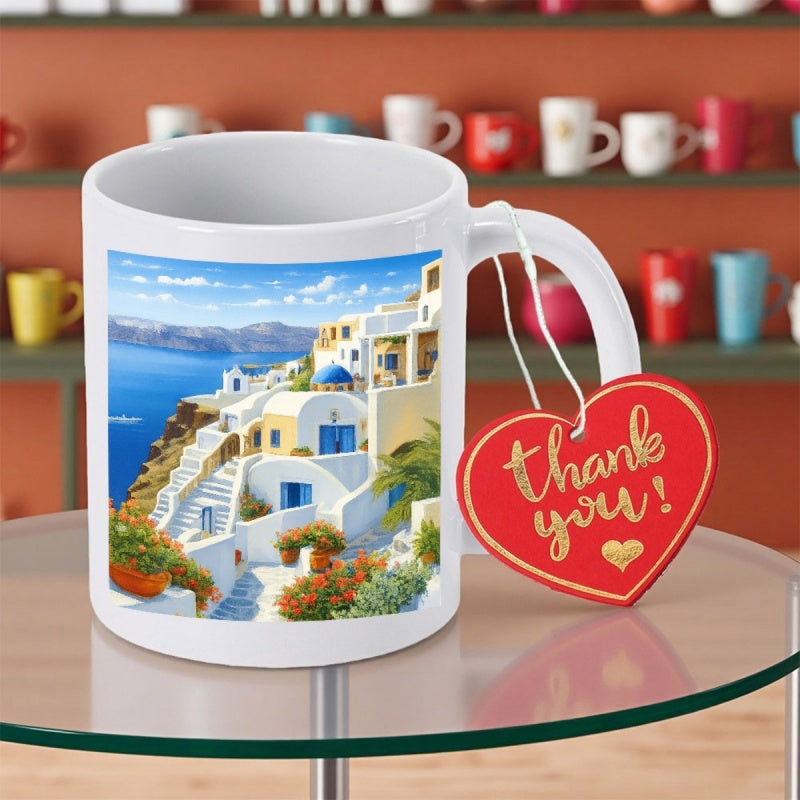 Tailorly White Ceramic 11 oz Mug - Thank You Beautiful Mediterranean Landscape With White Houses And Blue Domes Overlooking Sea Mug