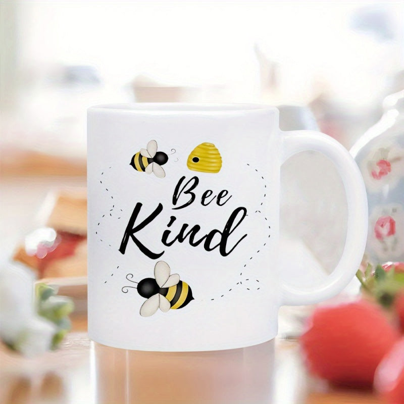 Tailorly White Ceramic 11 oz Mug - Bee Kind Charming Bumblebees Flying Around A Golden Beehive With Dotted Trails Bee