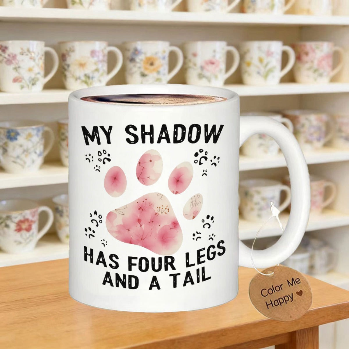Tailorly White Ceramic 11 oz Mug - My Shadow Has Four Legs And A Tail Soft Pink Watercolor Style Footprint With Delicate Black Silhouette Accents Paw