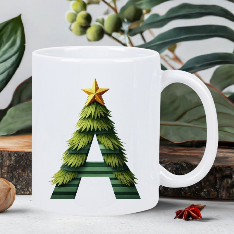 Tailorly White Ceramic 11 oz Mug - A Lush Green Pine Branches Topped With A Shining Golden Star Festive Christmas Tree