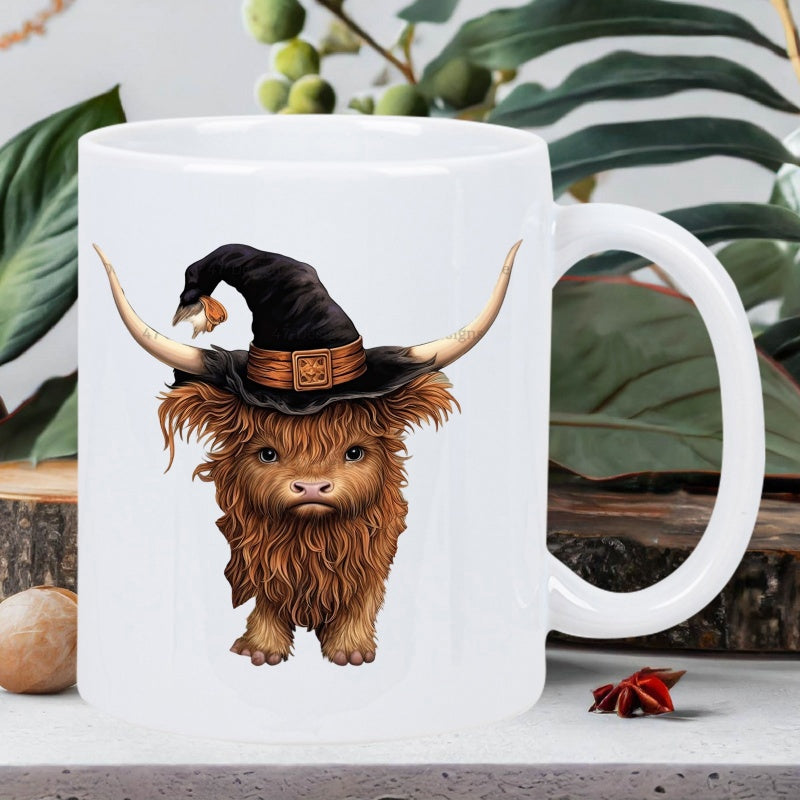 Tailorly White Ceramic 11 oz Mug - Cute Brown Hairy Highland Cow Wearing Pointed Black Witch Hat Cow