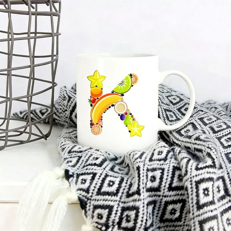 Tailorly White Ceramic 11 oz Mug - Vibrant Tropical Fruits Forming A Decorative Alphabet Character Letter