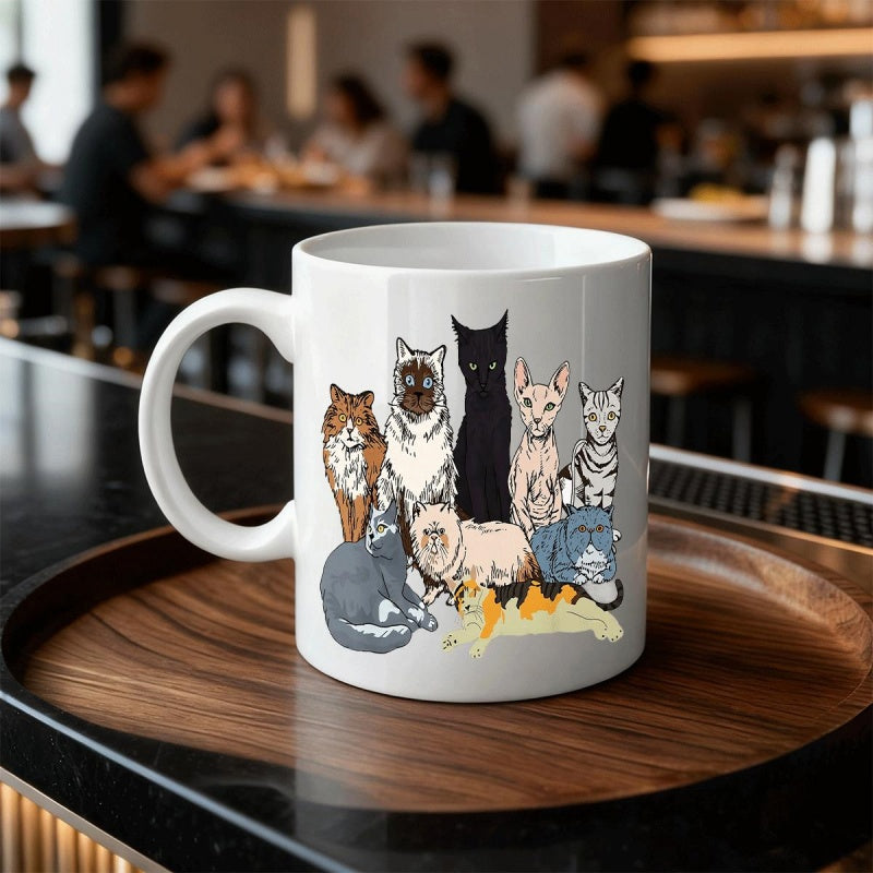 Tailorly White Ceramic 11 oz Mug - Various Breeds Of Felines Sitting Together In A Hand Drawn Illustration Style Cats