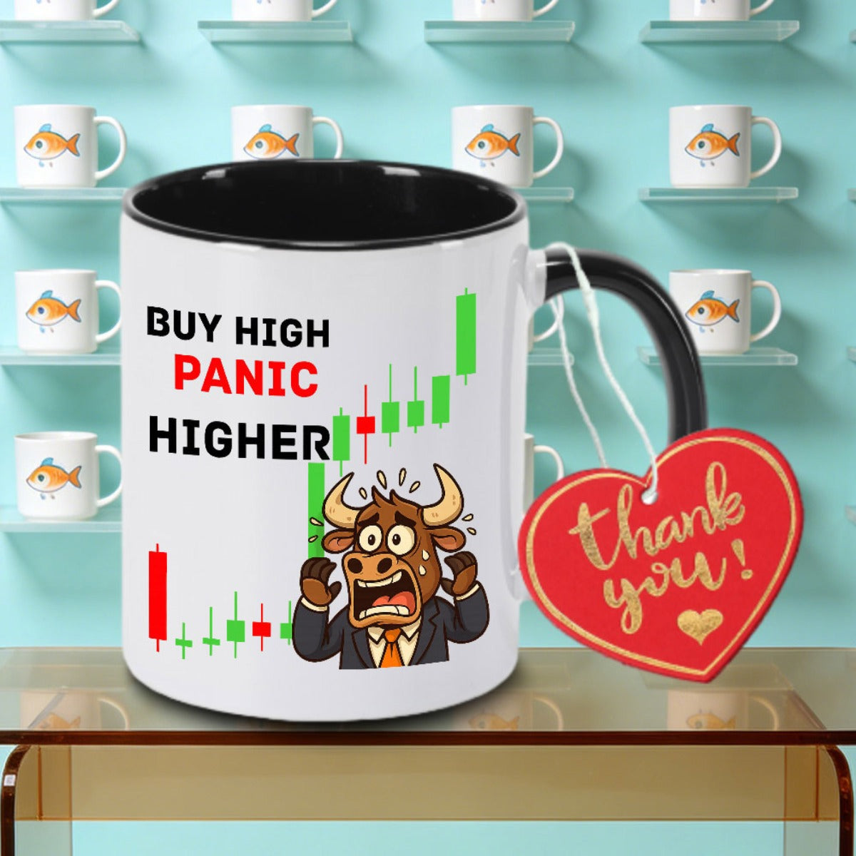 Tailorly Black Accent 11 oz Mug - Bull Chart Pattern and Graphic Logo