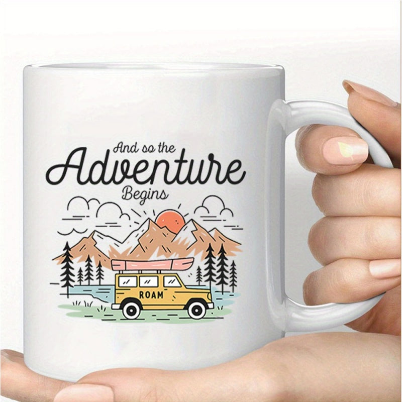 Tailorly White Ceramic 11 oz Mug - And So The Adventure Begins Roam Yellow Vehicle Traveling Through Pine Forest Towards Majestic Mountain Range Landscape