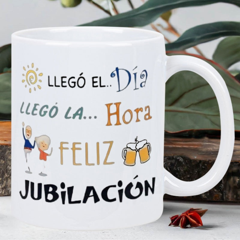 Tailorly White Ceramic 11 oz Mug - Happy Elderly Couple Celebrating Retirement With Clinking Beer Mugs