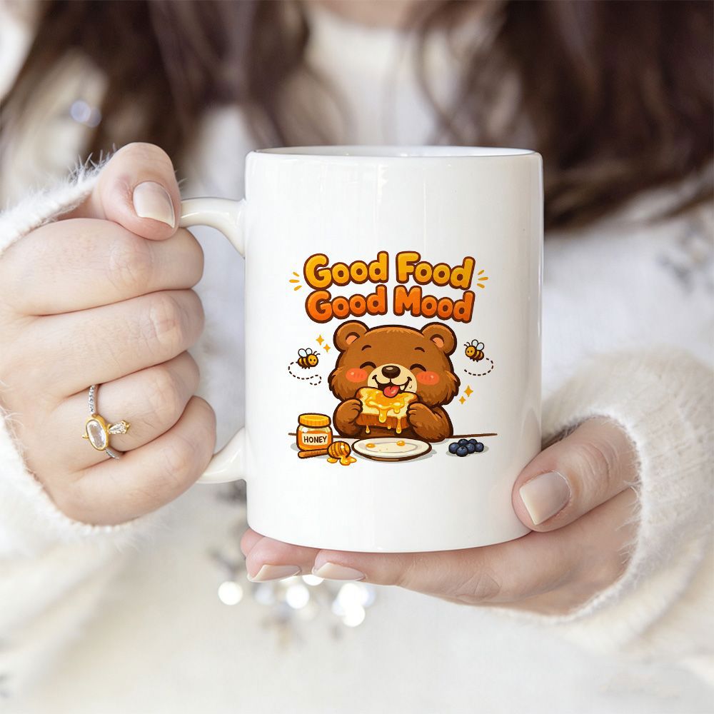 Tailorly White Ceramic 11 oz Mug - Good Food Good Mood Adorable Cartoon Bear Eating Honey Toast With Tiny Bees Bear
