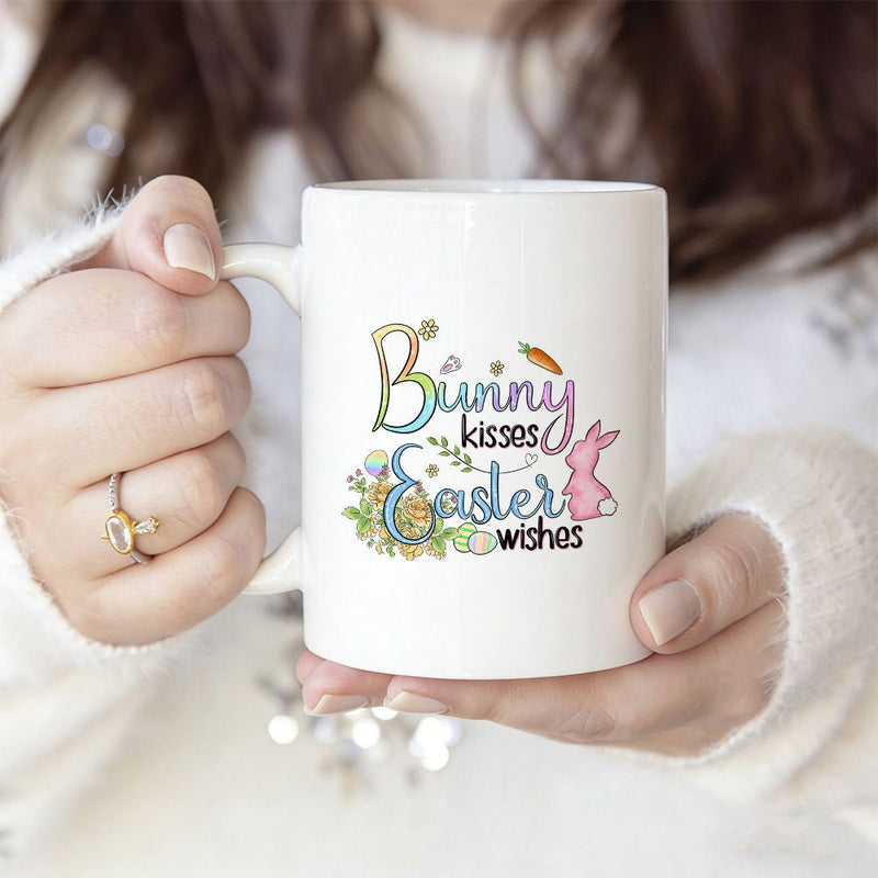 Tailorly White Ceramic 11 oz Mug - Bunny Kisses Easter Wishes Adorable Pink Rabbit With Colorful Flowers And Small Carrot Spring Season Bunny