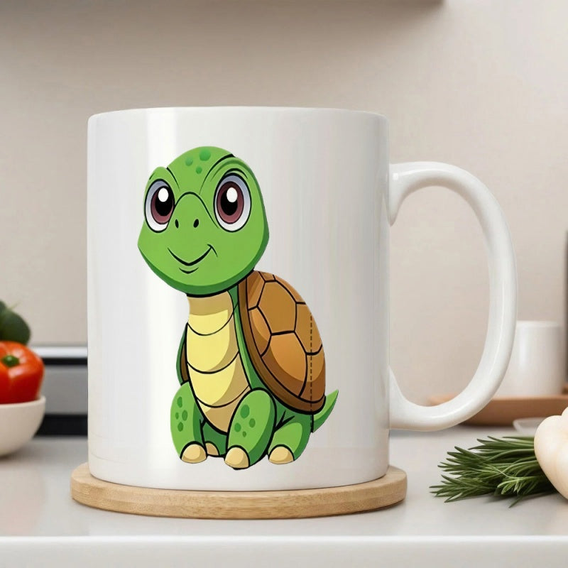 Tailorly White Ceramic 11 oz Mug - Adorable Green Baby Creature With Brown Shell And Large Eyes Turtle
