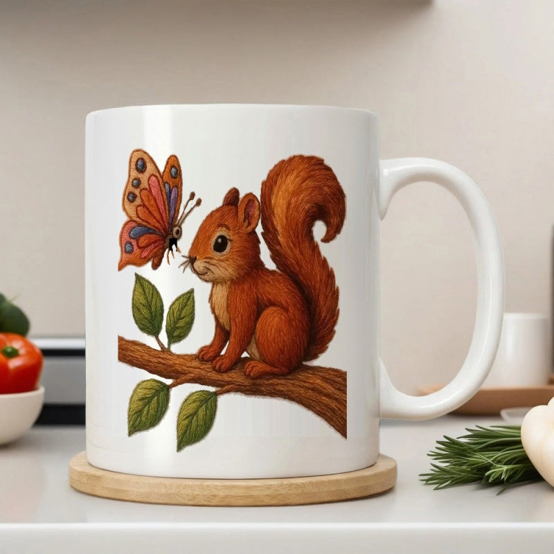 Tailorly White Ceramic 11 oz Mug - Charming Red Squirrel Sitting On Branch Near Colorful Garden Butterfly Squirrel