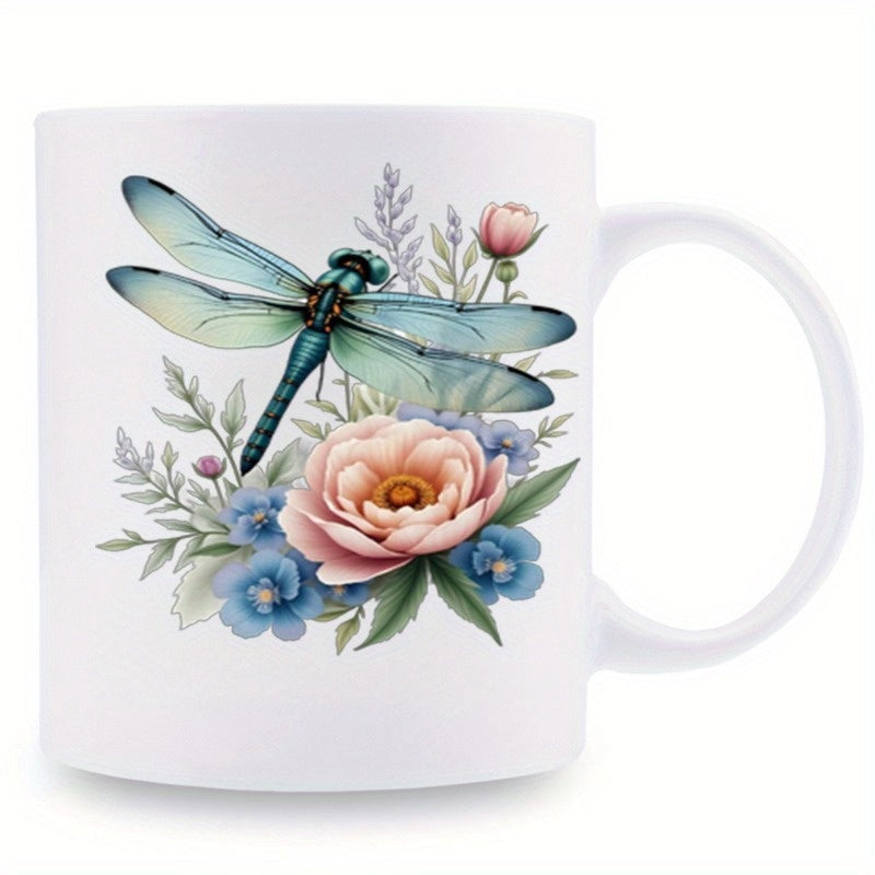 Tailorly White Ceramic 11 oz Mug - Graceful Blue Winged Dragonfly Resting Among Delicate Soft Pastel Flowers Dragonfly
