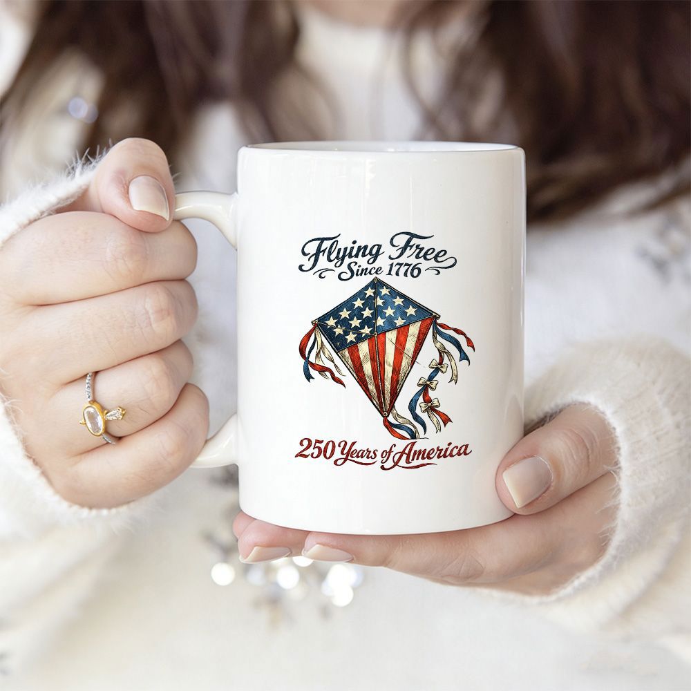 Tailorly White Ceramic 11 oz Mug - Flying Free Since 1776 250 Years Of America Patriotic American Flag Pattern Flying With Streaming Decorative Ribbons Kite