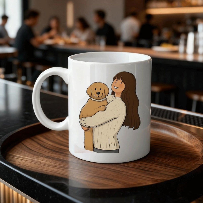 Tailorly White Ceramic 11 oz Mug - Cute Girl With Long Hair Hugging A Friendly Golden Retriever Puppy