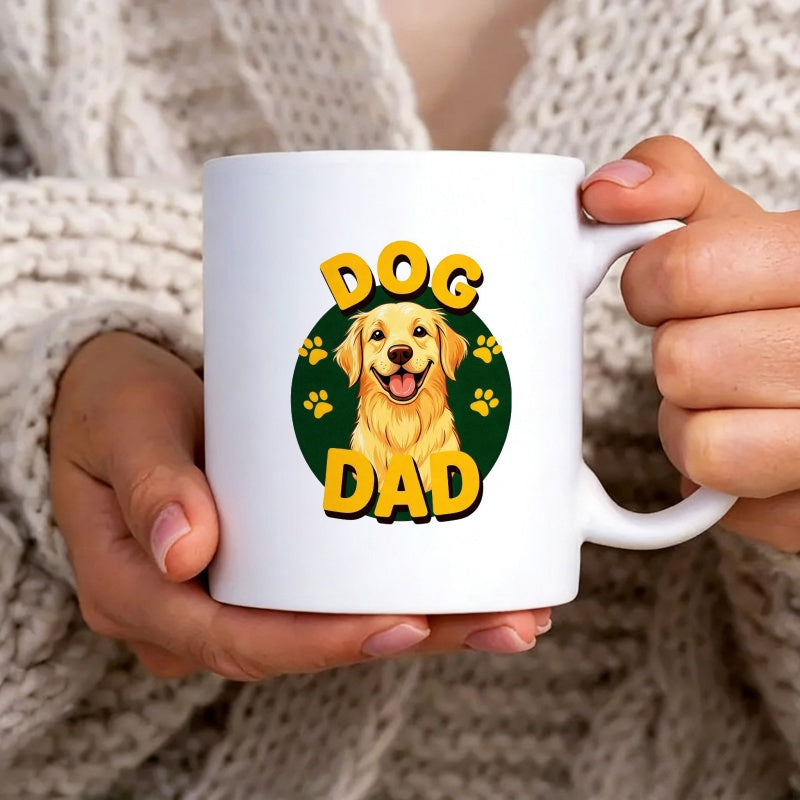 Tailorly White Ceramic 11 oz Mug - Dog Dad Happy Smiling Golden Retriever Inside Dark Green Circle With Small Paw Prints Dog