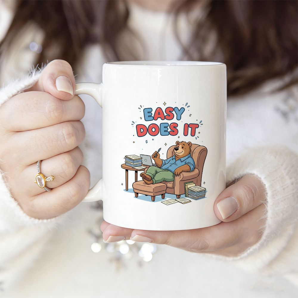 Tailorly White Ceramic 11 oz Mug - Easy Does It Relaxing Cartoon Character Sitting On Armchair Among Floating Stars And Papers Bear