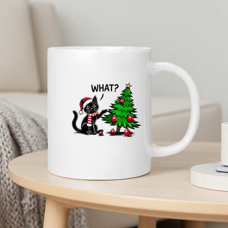 Tailorly White Ceramic 11 oz Mug - What Playful Black Cat Wearing Festive Santa Hat Beside Decorated Christmas Tree Cat